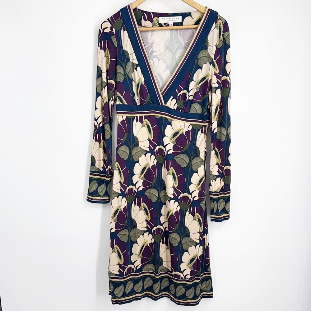 Trina Turk Multicolor Floral Long Sleeve Dress size 8 Purple Faux Wrap V-Neck